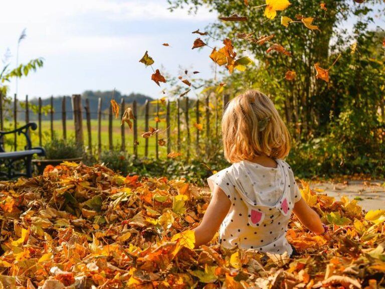 Kind sitz in einem Blätterhaufen